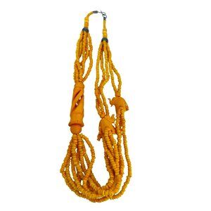 Hand-Carved Vtg. Yellow Beaded Elephant Necklace & Tribal Design Ethnic Boho Y2K